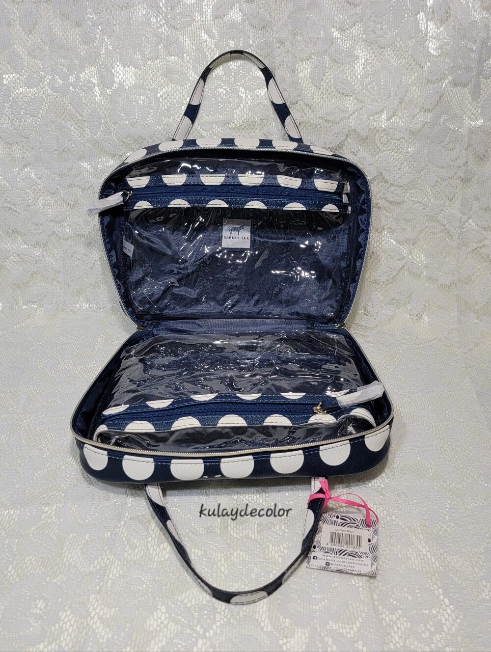 Dabney Lee Navy Blue White Polka Dot Cosmetic Travel Large Toiletry Bag Zip Tote - Picture 14 of 16